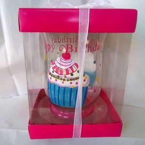 Happy Birthday Glass Centerpiece-Small 6" Hurricane- Gift Boxed-NWOT